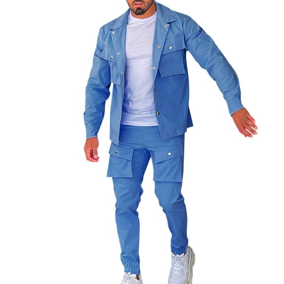 Migroa Mens Cargo Jacket Track Suit 2 Pieces Set Outfits Casual Multi Pockets Long Sleeve Button Up Jacket And Cargo Pants Set Blue 3Xl