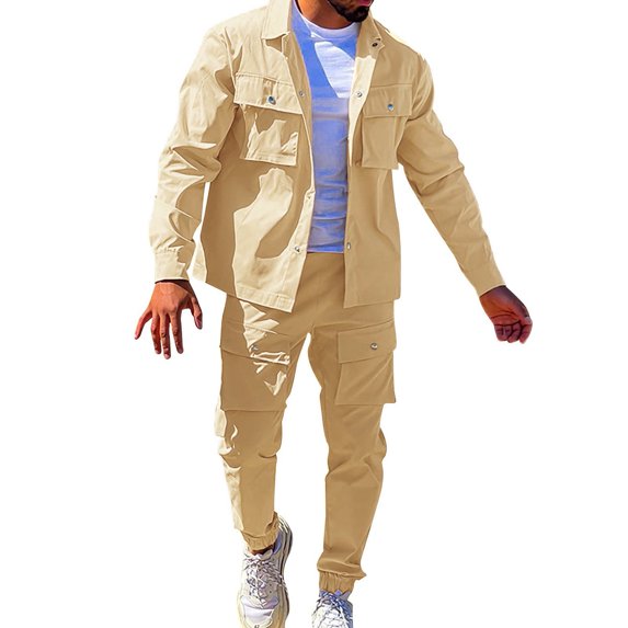 Migroa Mens Cargo Jacket Track Suit 2 Pieces Set Outfits Casual Multi Pockets Long Sleeve Button Up Jacket And Cargo Pants Set Brown L
