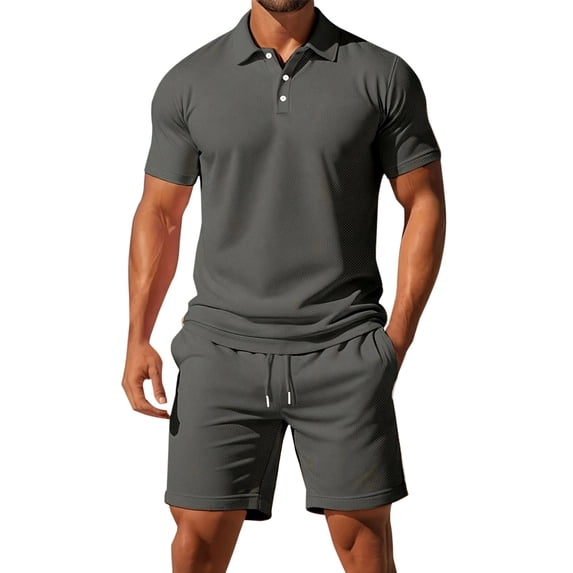 Migroa Mens Casual 2 Piece Outfits Lounge Sets Lightweight Breathable Golf Short Sleeve And Drawstring Shorts Outfits For Beach Vacation Grey Xl