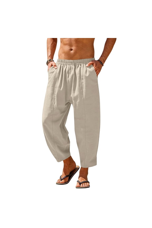 Mens Cotton Linen Harem Pants Elastic Waist Loose Cropped Trousers Yoga Beach Casual Bottoms Beige M