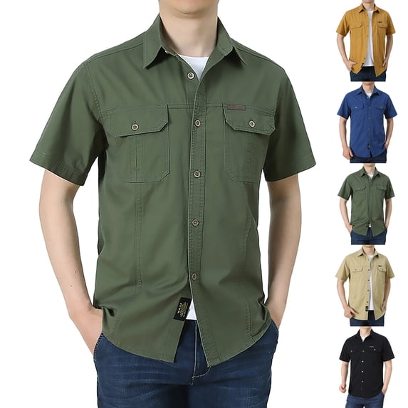 Migroa Mens Short Sleeve Button Down Shirts Work Casual Button up Relaxed Fit Summer Shirt with Two Pockets Blue 2Xl