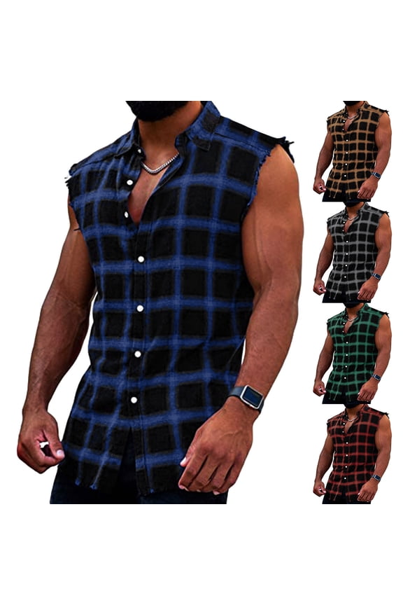 Mens Sleeveless Flannel Shirt Casual Plaid Button Down Shirts Cowboy Tank Shirts Red M