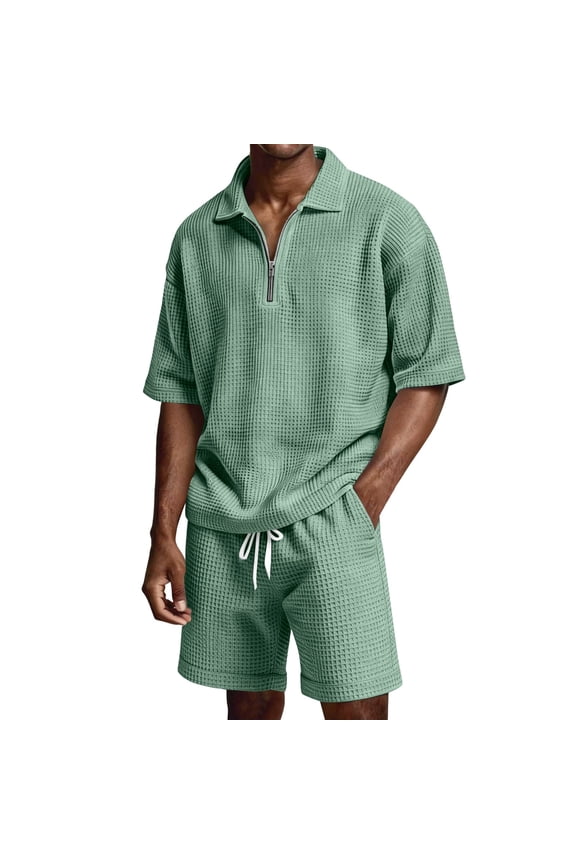 Mens Waffle 2 Piece Short Set Lightweight Casual Beachwear Summer Travel Co Ord Tracksuit Outfit Solid Zipper Short Sleeve Shirt And Matching Shorts Light Green S