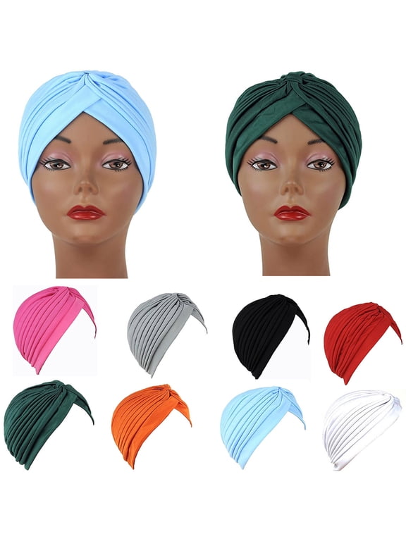 Stretchy Turban Cap Soft Pre Tied Turban Head Coverings for Women Sleep Hats Twisted Headscarf Assorted Colors Black One Size