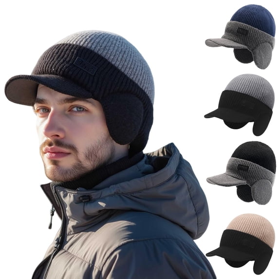 Migroa Unisex Knit Hat with Brim & Ear Flaps, Windproof Winter Beanie for Cold Weather Navy Universal Fit
