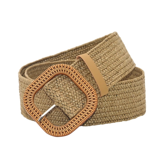 Migroa Women's Elastic Raffia Woven Belt Boho Rattan Buckle Stretch Straw Wide Waist Belt for Dresses Jeans Pants Boho Ladies Summer Dress Belt Khaki One Size