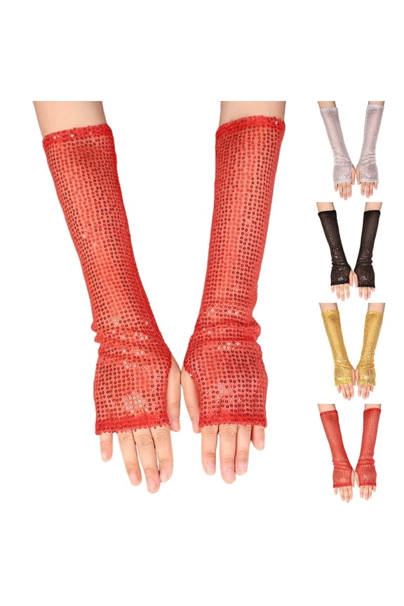 Women's Sparkly Fishnet Gloves, Long Gloves for Carnival, Mardi Gras, Halloween Costume, Party Gold Universal Fit