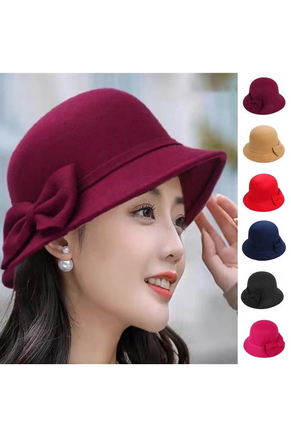 Women's Wool Felt Cloche Hat with Bow, Solid Color Round Dome Winter Hat, Vintage Elegant Style Red2 Universal Fit