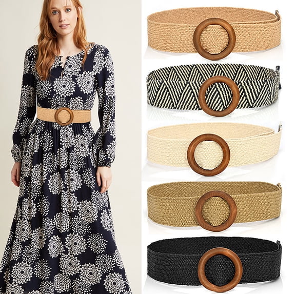 Migroa Womens Woven Stretch Belts Wide Waist Belt for Dresses Jeans Pants Wooden Buckle Woven Elastic Belt Without Holes White One Size
