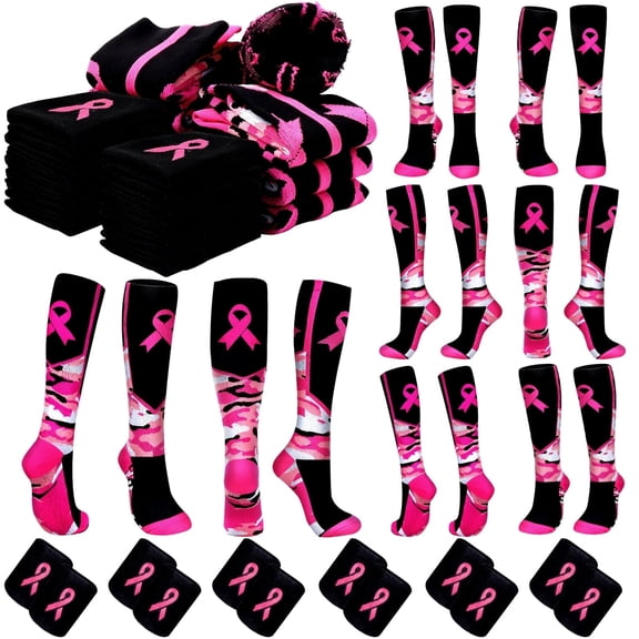 Miguan 12 Pairs Breast Cancer Awareness Socks Bulk Pink Ribbon Football Socks with 12 Pcs Wristbands for Women Men Football Soccer Volunteering Events