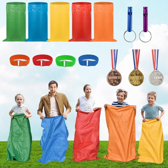 Miguan 14pcs Potato Sack Race Bags, Outdoor Games Sack Race Bags Kit Include Potato Sacks, 3-Legged Race Bands, Plastic Medals, Game Whistles Carnival Outdoor Lawn Party Field Day Games