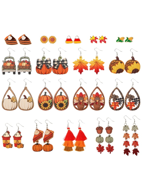 18Pcs Thanksgiving Earrings Set Autumn Fall Earrings for Women, Wooden Maple Leaf Sunflower, Turkey, Pumpkin Earrings-Thanksgiving Jewelry Gifts Decor