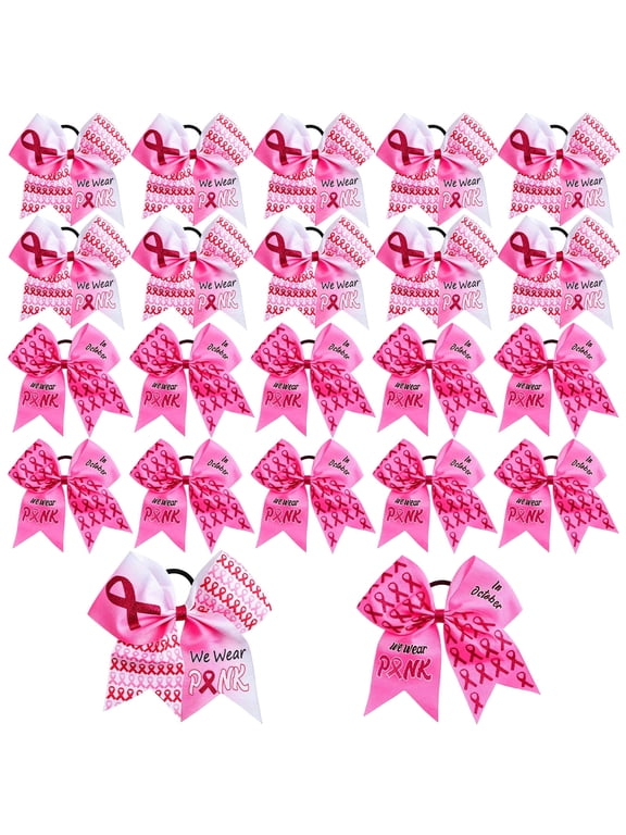 20 Pieces 7 Inch Breast Cancer Awareness Cheer Hair Bows Ponytail Holder Large Glitter Pink Ribbon Hair Bows Accessories Elastic Band Handmade for Teens Women