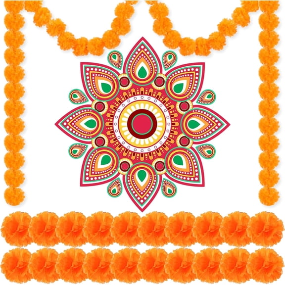 Miguan 23 Pcs Diwali Decoration for Home Diwali Rangoli Stickers for Floor 2 Pcs 5 Ft Marigold Garland with 20 Pcs Marigold Flowers for Indian Gifts Wedding(Lively)