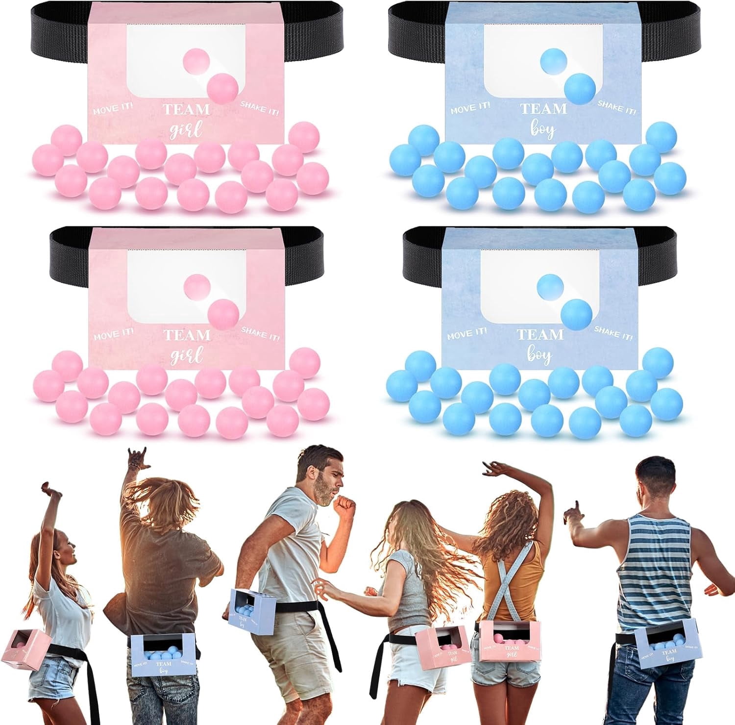 Miguan 4 Sets Blue Pink Gender Reveal Baby Shower Swing Shaking Balls Activity Set for Adult Novelty Twerk Includes 40 Balls, Ribbon & Cardboard Boxes Bridal Shower for Outdoors Indoors