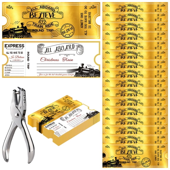 Miguan 51 Pcs Christmas Polar Golden Tickets Bulk with Hole Punch North Pole Believe Train Tickets for Express Train Theme Decorations Xmas Gift Party Favor