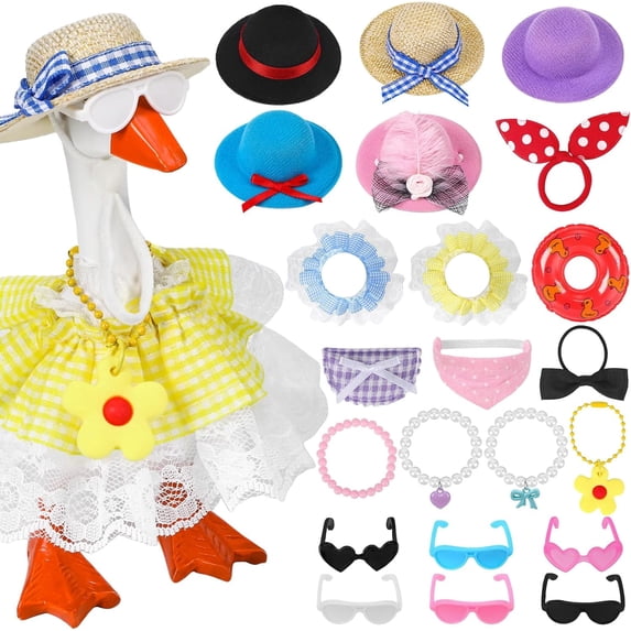 Miguan 6 Sets Mini Desk Goose Outfits 7 inches Mini Desk Goose Clothes with Cute Felt Hat Necklace Dresses and Sunglasses for Magnetic Porch Geese Key Holder Decor Gifts