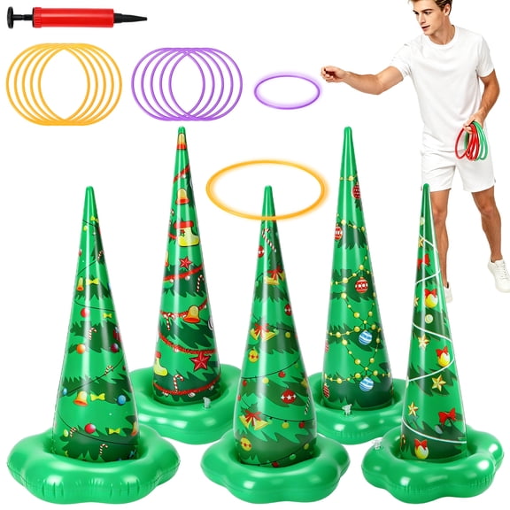 Miguan Inflatable Christmas Tree Ring Toss Game Set, 5 Pcs Christmas Inflatable Cone with 10 Throwing Rings & Air Pump, Christmas Indoor Outdoor Family Party Game, Christmas Holiday Backyard Game