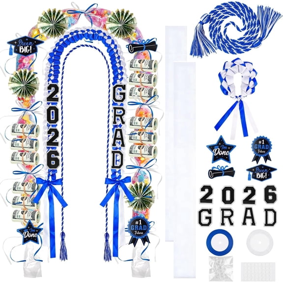 Miguan 18 Pcs Graduation Leis Class of 2026 Double Braided Ribbon Money Lei Kit Gift Party Favor for Women Men(Blue, White)