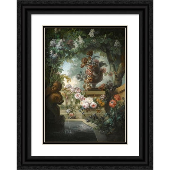 Miguel Parra Abril 18x24 Black Ornate Framed Double Matted Museum Art Print Titled: A Garden Scene with an Urn of Flowers, a Flower Garland and a Fountain Beneath a Canopy of Wiste