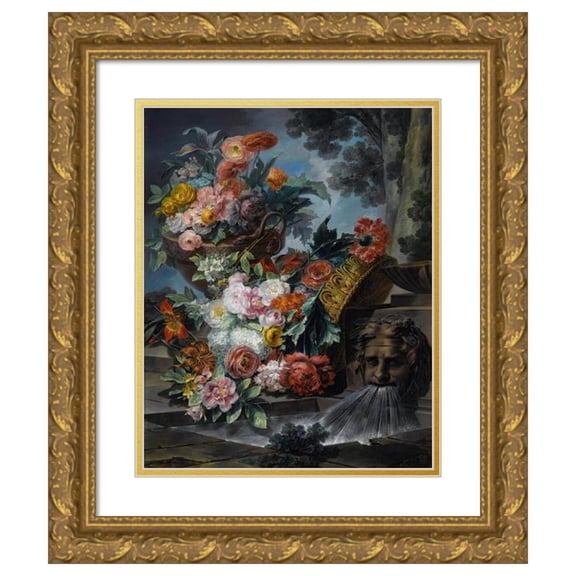 Miguel Parra Abril 20x24 Gold Ornate Framed and Double Matted Museum Art Print Titled - An Outdoor Scene With A Pool of Water, a Basket and an Urn Filled with Carnations, Roses, Peonies, Lil