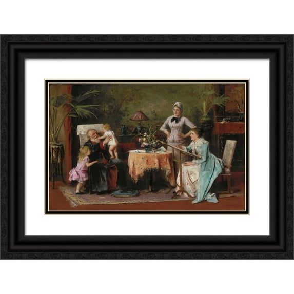 Mihály Munkácsy 24x17 Black Ornate Framed Double Matted Museum Art Print Titled: Grandfather's Name Day (Name Day of Grandpa) (1886)