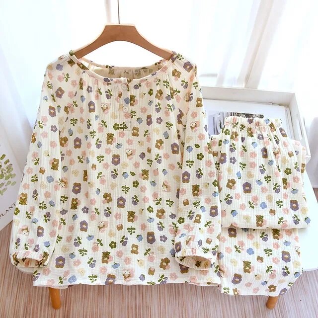 Mihoutao 100 Cotton Yarn Women Pajamas Sleepwear Floral Print Female 2