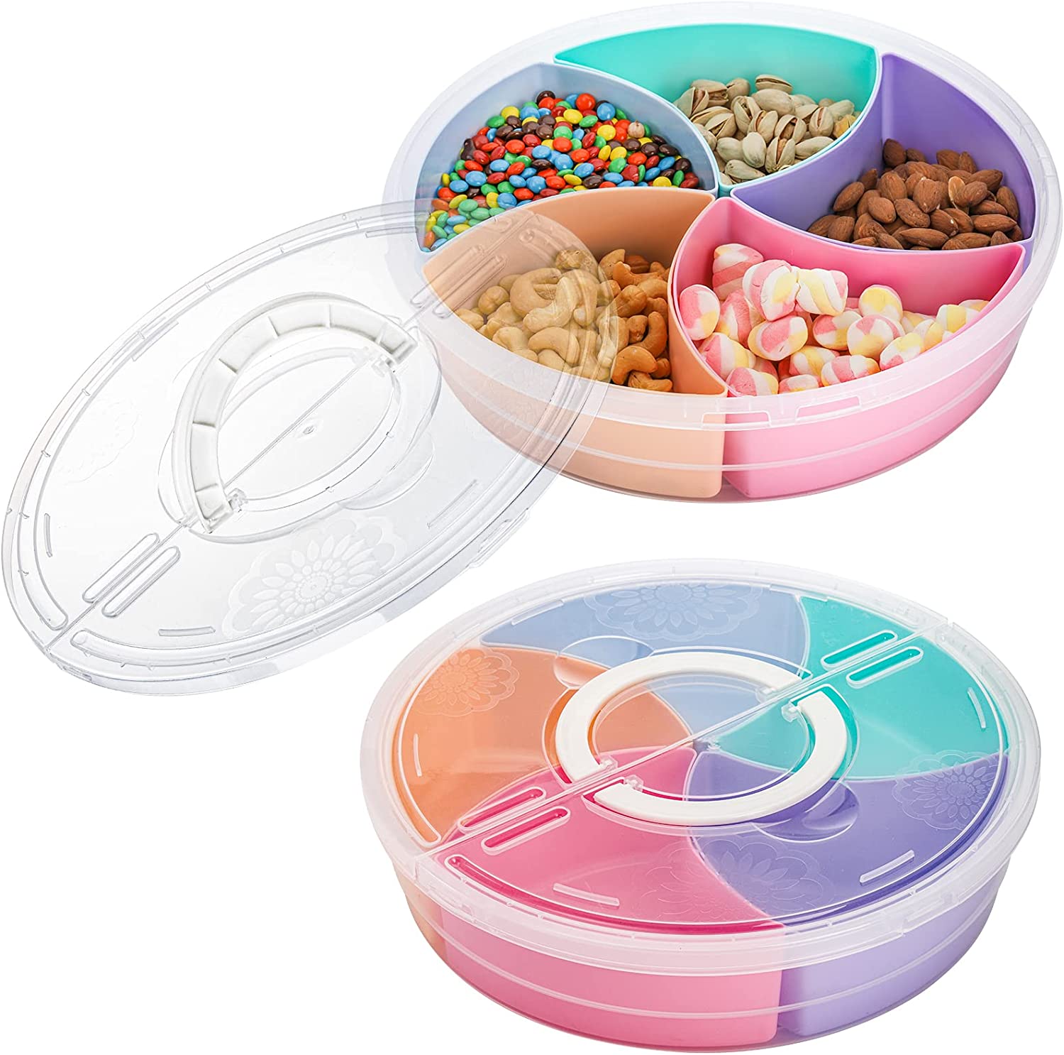 Mihoutao 2 Pack Snack Serving Tray with Lid, 12inch Fruit Serving Container, 5 Colorful