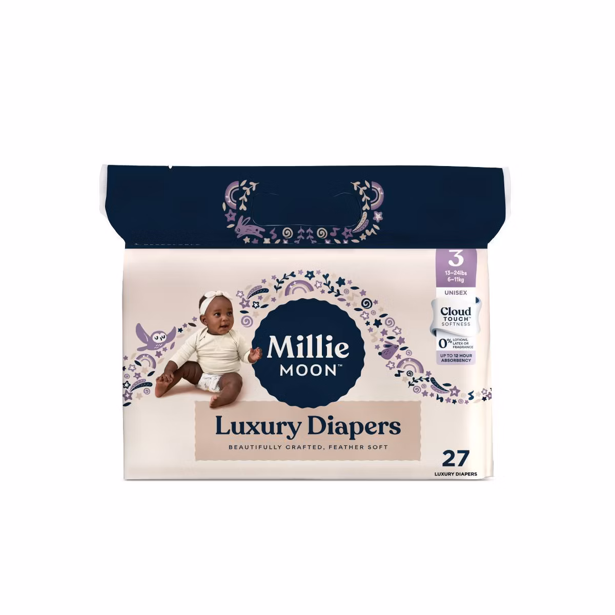 Miilliie Moon Luxury Size 3 Diapers (13–24 lb), CloudTouch™ Ultra-Soft, Hypoallergenic, 27 Count