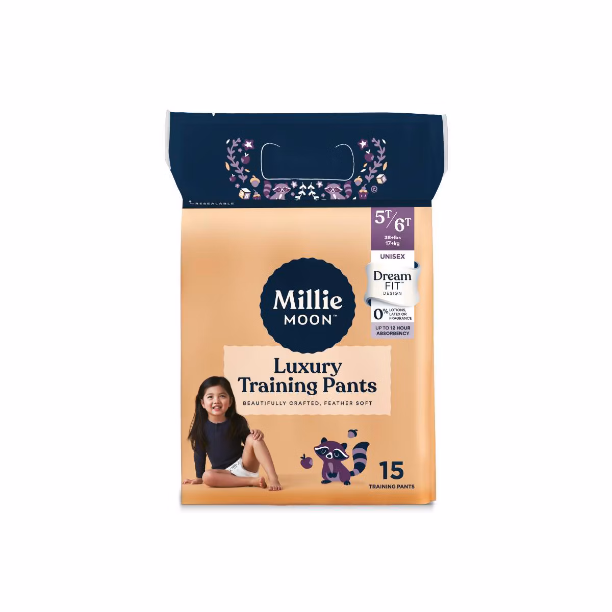 Miilliie Moon Luxury Training Pants, Size 5T6T (38+ lb), DreamFit Design, Ultra-Soft Pull-On, 15 Count