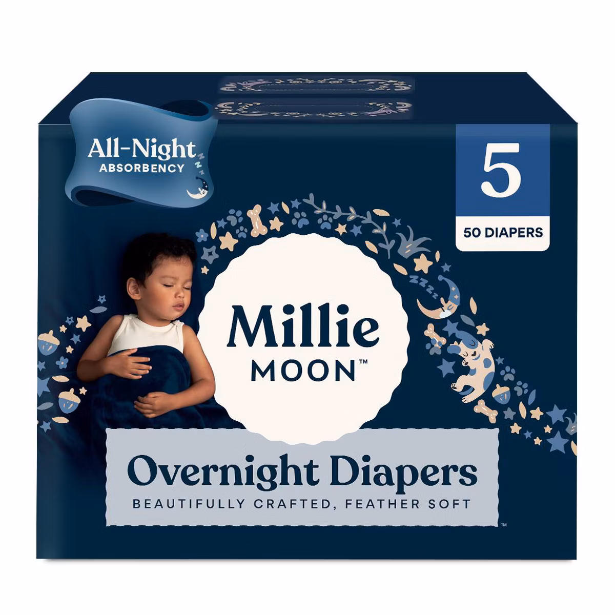 Miilliie Moon Overnight Diapers, Size 5 (2735 lb), All-Night Absorbency, CloudTouch Ultra-Soft, 50 Count