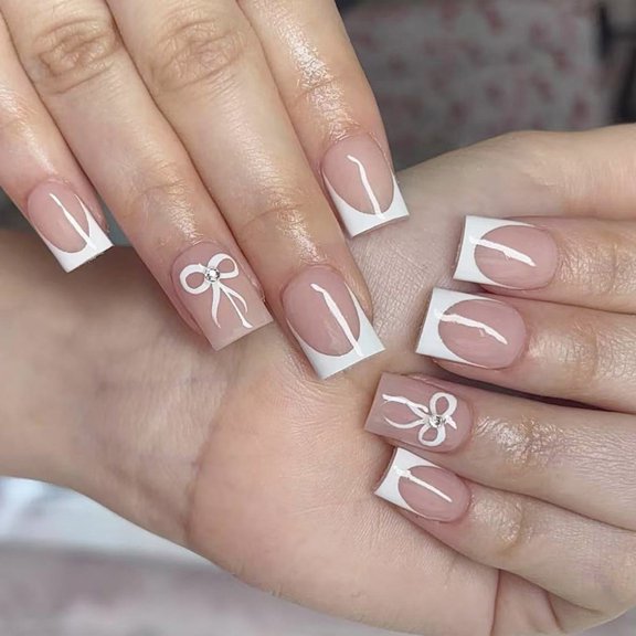 Miiottaa 24 Pcs Short Square False Nail Bows Press On Nail French Tip Stick on Nail