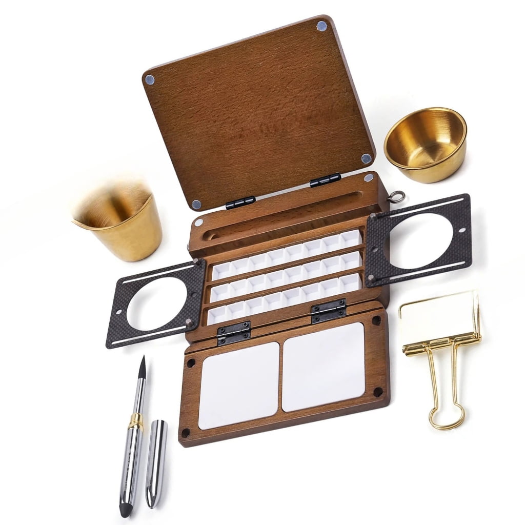 Miiottaa 24 Wells Folding Wooden Watercolor Paint Palette Box For Artist Travel Painting