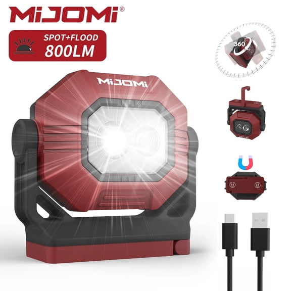 Mijomi COB Work light W30,Double LED light, 800 lumens work lamp, 3 Light modes,1500mAh build-in Source rechargeable flashlight, work light Torch with Mag-net Base Stand & Hook