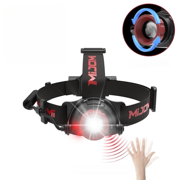Mijomi HP20 with Wave Motion Sensor Headlamp, Lightwight portable flashlight ,Type-C Rechargeable headlight,1000 lumens Flood light & Spot light Zoom focus HeadLamp,IPX4 waterproof Flashlight