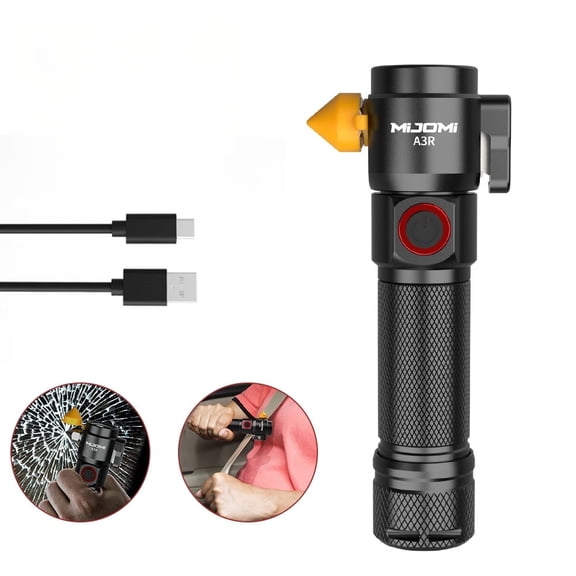 Mijomi Rechargeable Flashlight A3R Car Safety Hammer Flashlight with Seatbelt Cutter,2000mAh 500 Lumen 219 meter long Beam with SOS Flashing,Type-C Charging, Magnetic Attraction, Portable Design