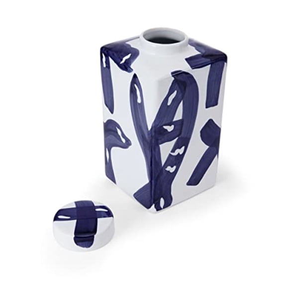 Mikasa Blue & White Ceramic Ginger Jar, 6"x11" - Square Storage Jar With Brushstroke Design, Bold Style For Kitchen Countertops, Entryway Tables, Desks, Decorative Kitchen Storage