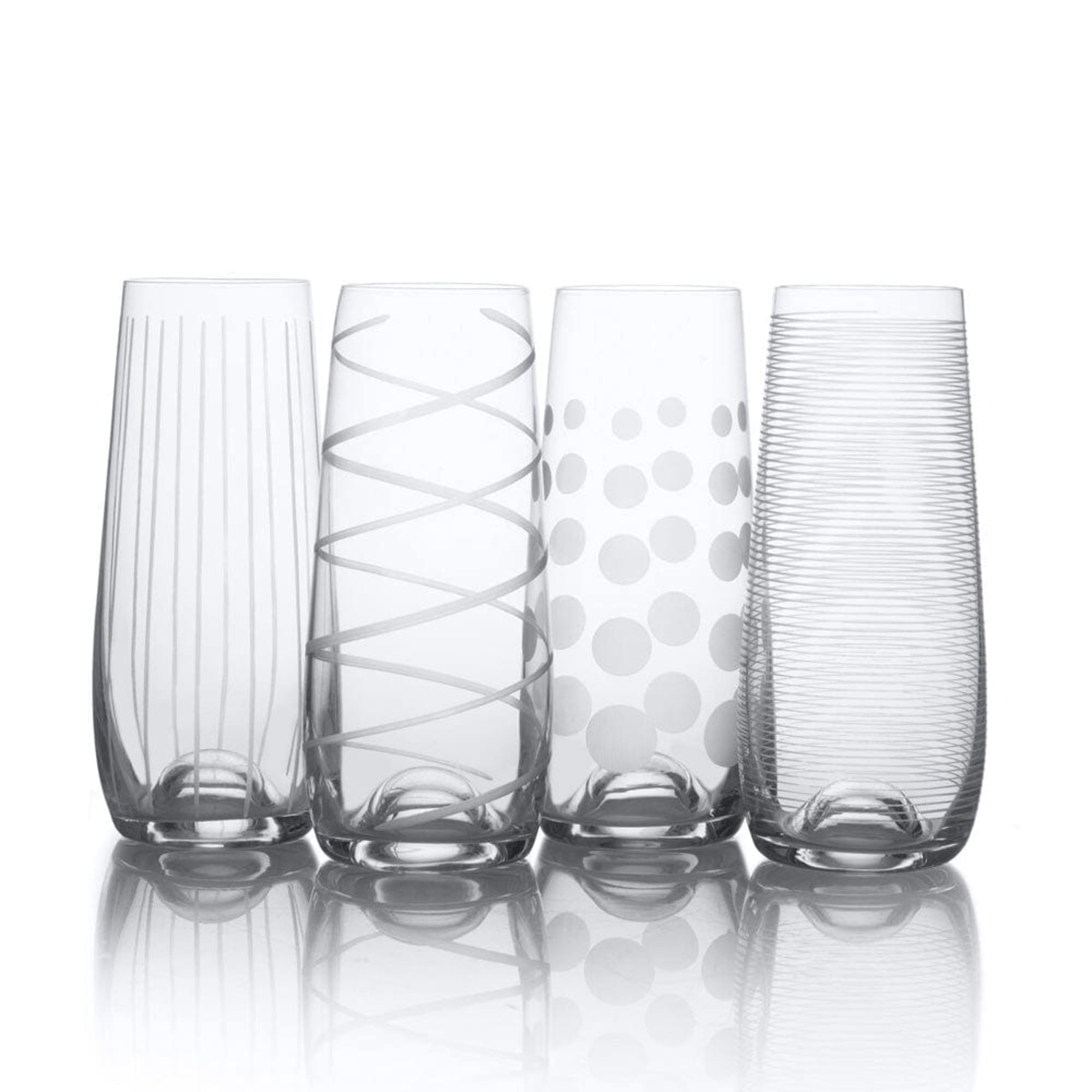 Mikasa Cheers Stemless Flutes, Set of 4 - 7.5 Oz Crystal Champagne Glasses with Playful Dot, Line & Swirl Designs - Unique Toasting Glassware for Sparkling Wine & Cocktails, Lead-Free
