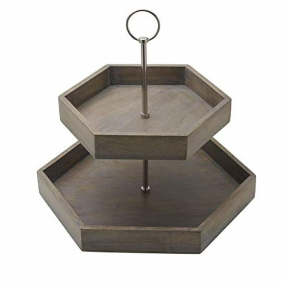 Mikasa Gourmet Basics 2-Tier Mango Wood Serving Tray, Hexagonal Shape - Double Layer Countertop Item Stand for Kitchen Essentials, Display, Storage - Portable & Space-Saving