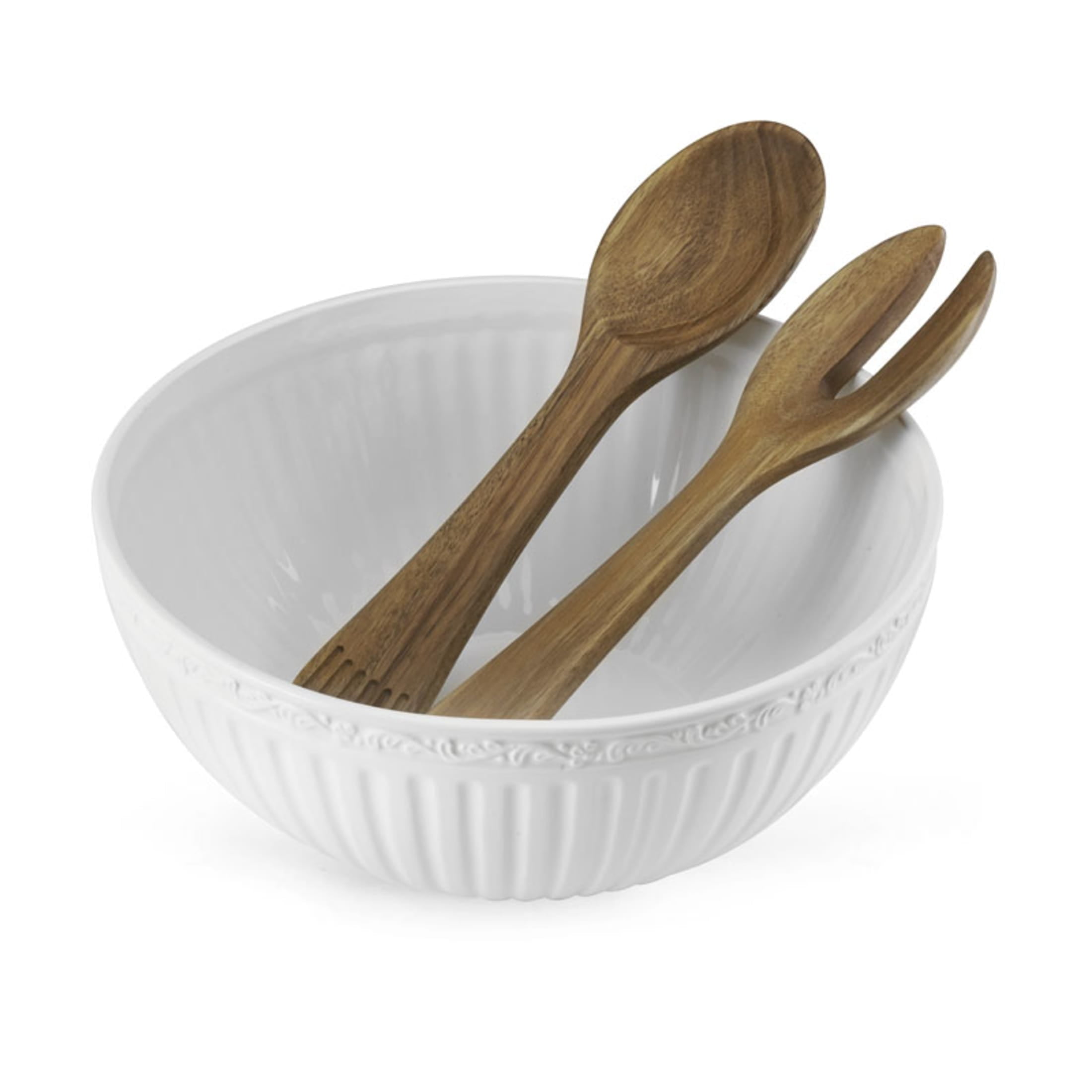 White Ceramic Salad Bowl with Acacia Wood Utensils, 2-Piece Set