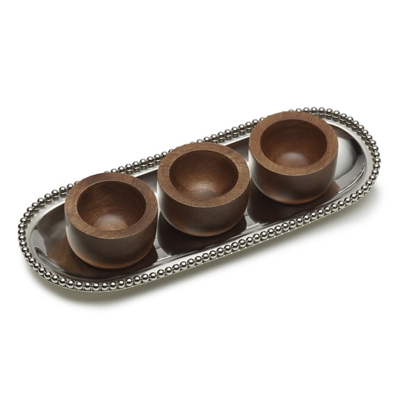 Mikasa Oval Beaded Rim Platter with 3 Wooden Bowls