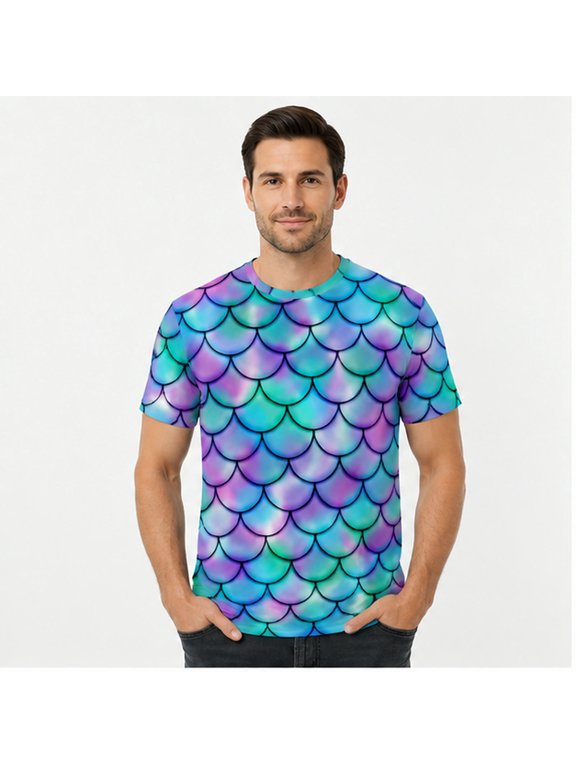 Men's Fish Scale Print T-Shirt Merman Style All Over Graphic Tee Lightweight Polyester Mermaid Costume Shirt
