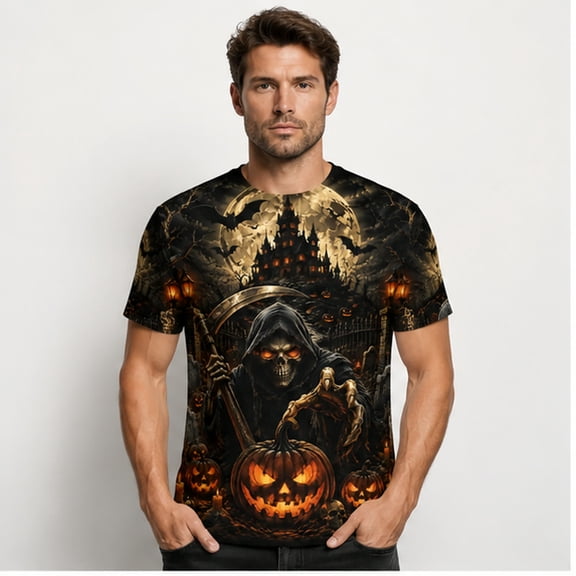 Mikdeno Men's Grim Reaper Halloween Graphic T-Shirt, All Over Print Haunted Pumpkin Tee