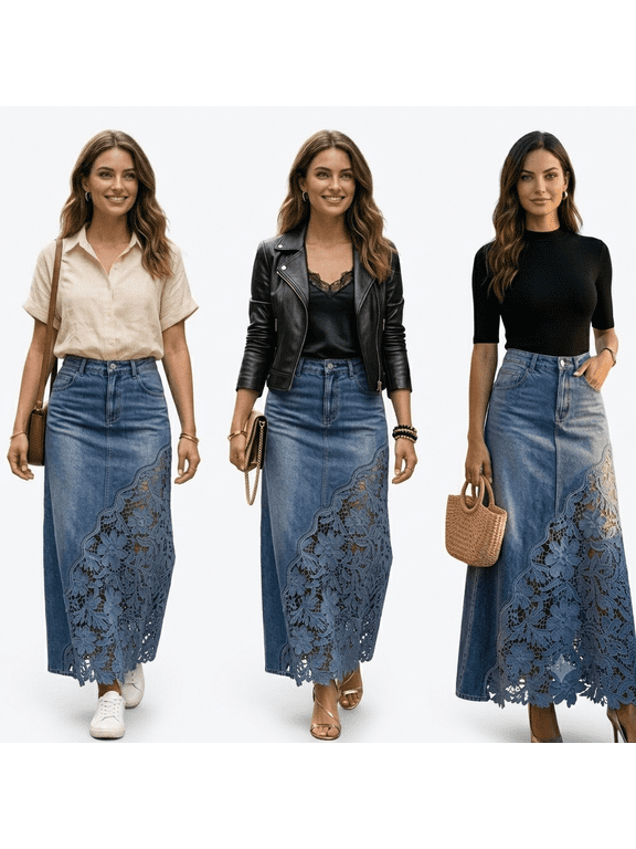 Women's High Waist Denim Maxi Skirt, A-Line Floral Lace Patchwork Jean Skirt, Casual to Elegant Boho Style, S-XXXL