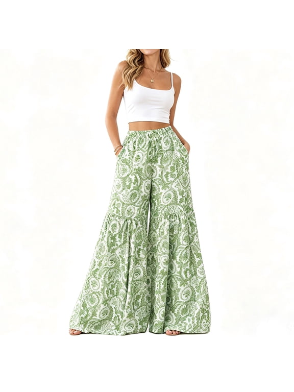 Women's Wide Leg Palazzo Pants, High Waist Flowy Boho Pants with Pockets, Floral & Paisley Print Lounge Pants, S-XXL
