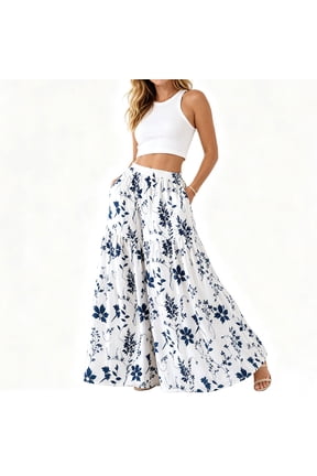 Women's Wide Leg Palazzo Pants, High Waist Flowy Boho Pants with Pockets, Floral & Paisley Print Lounge Pants, S-XXL