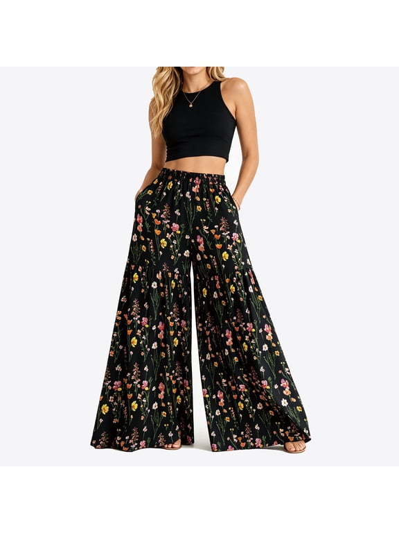 Women's Wide Leg Palazzo Pants, High Waist Flowy Boho Pants with Pockets, Floral & Paisley Print Lounge Pants, S-XXL