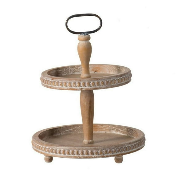 Mike 17 Inch 2 Tier Round Serving Tray Handle Beaded Trim Brown Wood