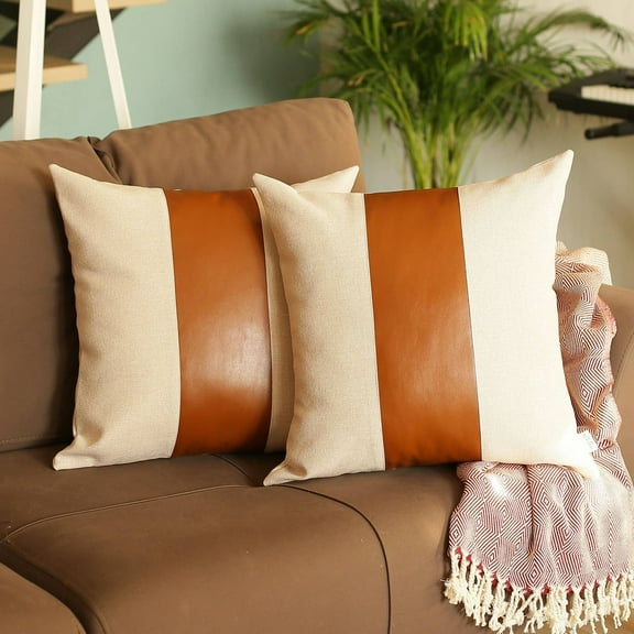 Mike&Co New York Bohemian Set of 2 Handmade Decorative Throw Pillow Vegan Faux Leather Brown & Ivory 17" x 17"