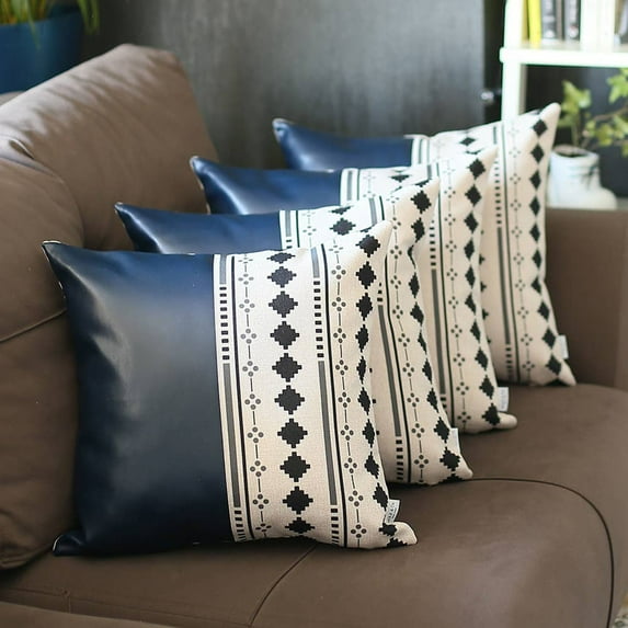 Mike&Co New York Decorative Vegan Faux Leather Throw Pillows Set of 4 Navy Blue 17x17